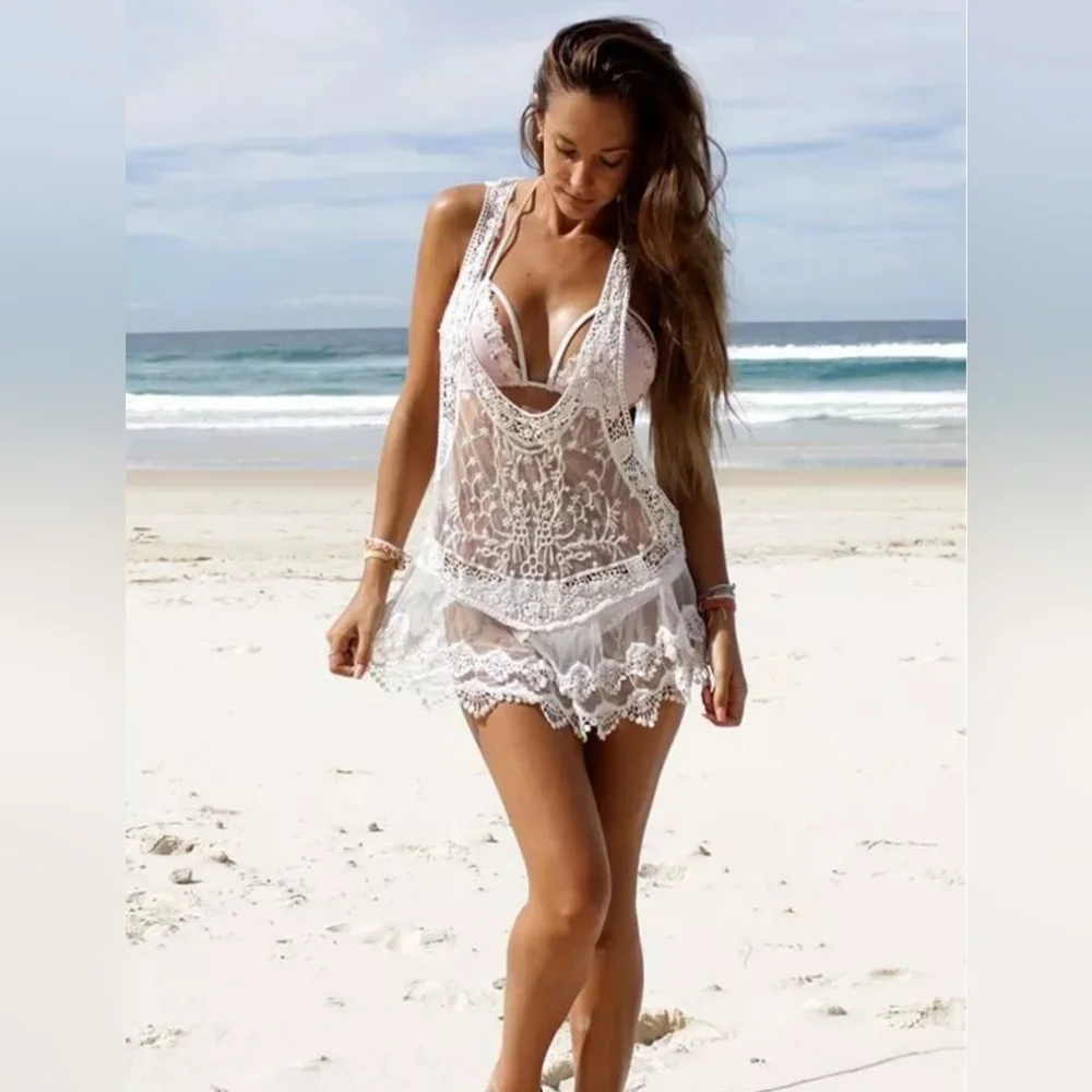 NEW Boho Embroidered Sheer Lace Racerback Tank Cover Up Tunic Top White - Picture 6 of 8